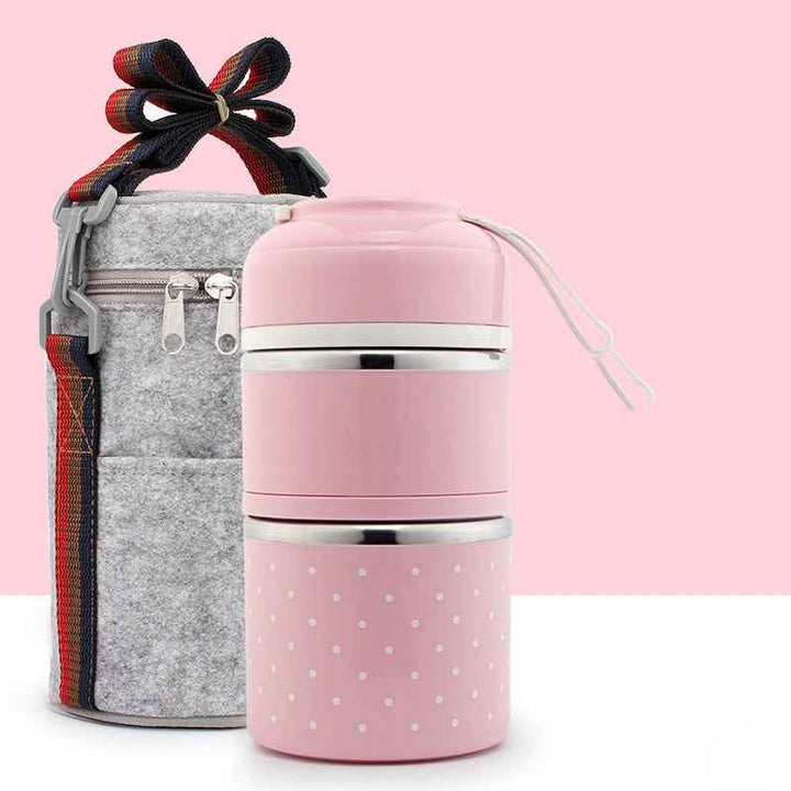Portable Stainless Steel Lunch Box Polka Dot Grid Lunch