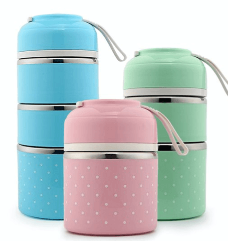 Portable Stainless Steel Lunch Box in pink with multiple layers and carry box