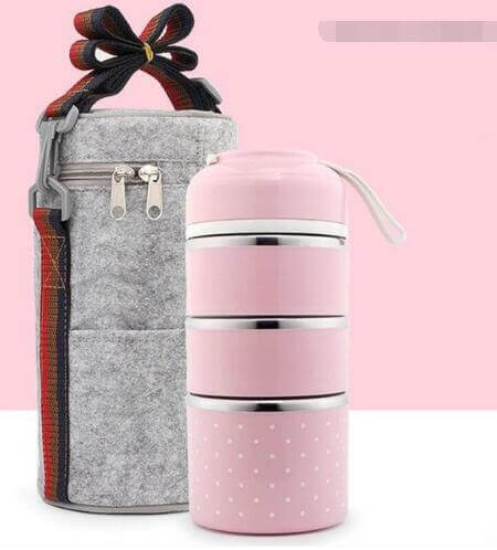 Pink and Silver Portable Stainless Steel Lunch Box  side by side
