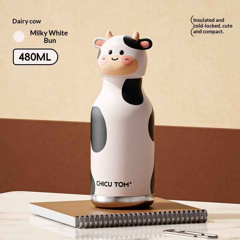 Cow print stainless steel water bottle with straw