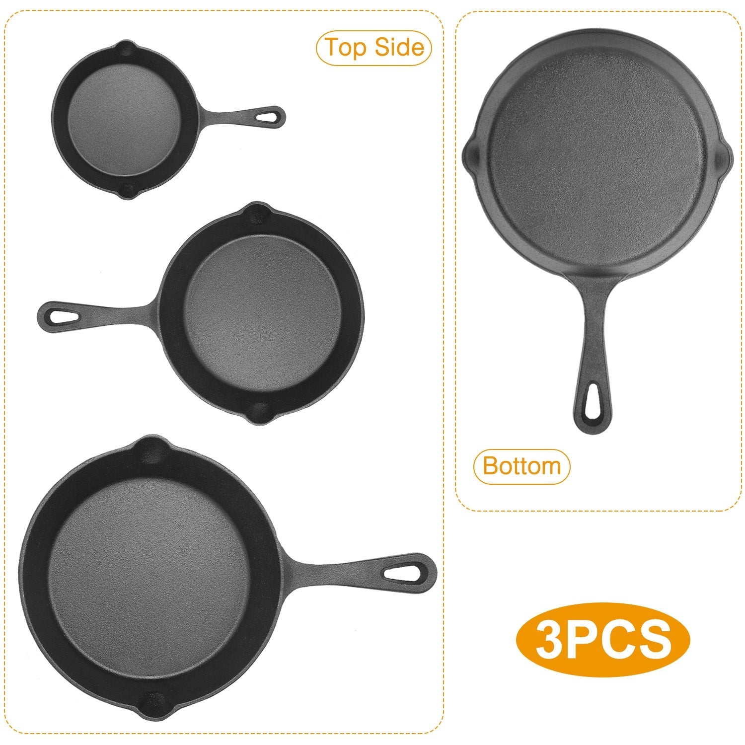 3pcs Pre-Seasoned Cast Iron Skillets, 8 In, 10 In, & 12 In Cast Iron Frying Pans With Handles, Safe Grill Cookware Set With Non-Stick Surface, Cast Iron Pans For Indoor & Outdoor Use